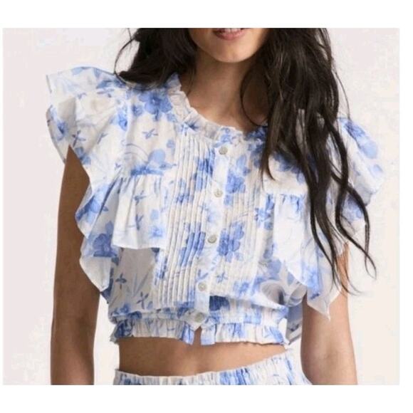LoveShackFancy Tops - Love Shack Fancy Cotton Floral Blue White ButtonUp Cropped Nora Top XS Boho Chic